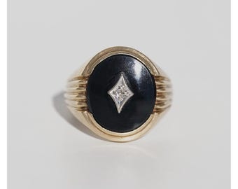 Vintage Men's 10k Solid Yellow Gold Natural Onyx & Diamond Ring - Size 10