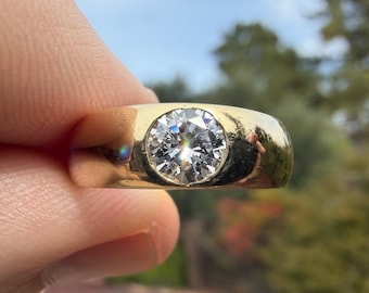 Bezel Flush 18k Solid Yellow Gold .50 ct Natural Diamond Ring - Thick Band 7.86g