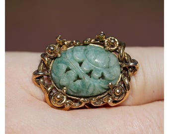 Anello antico in oro giallo massiccio 14 carati con giada naturale e fiore di bambù - inciso