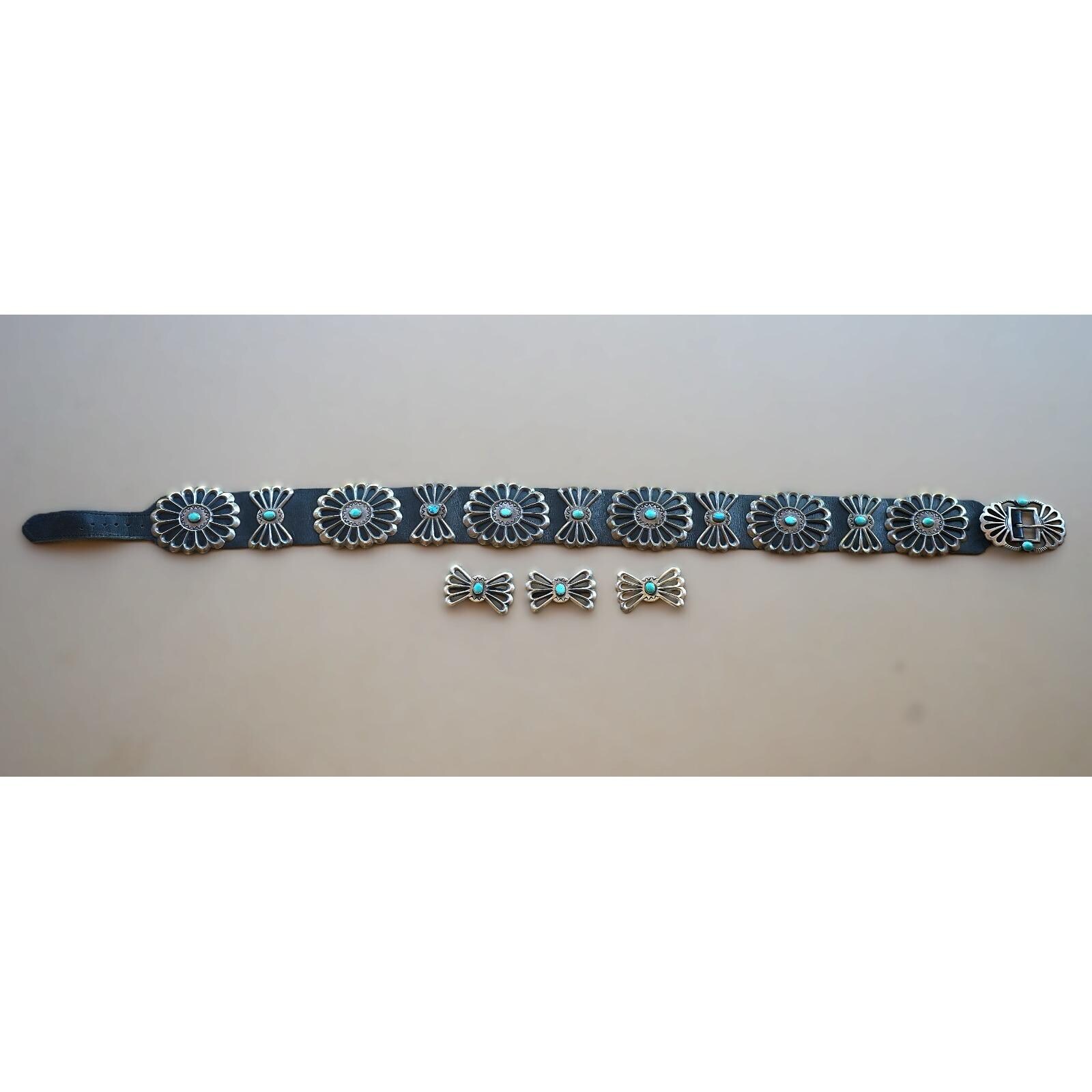 Vintage‎ Louise Morgan Navajo Sterling Silver Sand Cast Turquoise Concho Belt Silver Concho Belts, Buckles: Navajo, Hopi, Zuni main image 3