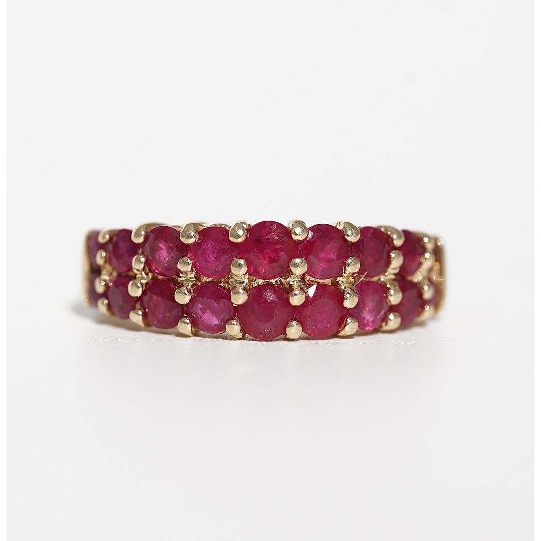 Vintage 14k 585 Solid Yellow Gold Natural Red Ruby Ring - Pave Two Rows ...