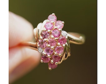 Vintage 14k Solid Yellow Gold Natural Pink Tourmaline & Diamond Ring - Cluster