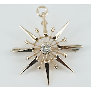 Rare Antique 14k Solid Gold Natural Old Mine Cut Diamond Star Pendant - Pin