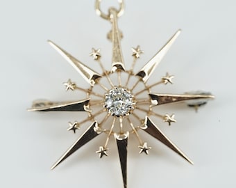 Rare Antique 14k Solid Gold Natural Old Mine Cut Diamond Star Pendant - Pin