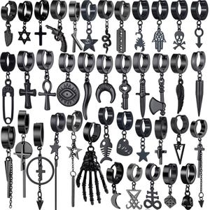 May include: A collection of black hoop earrings with various dangling charms. Charms include crosses, stars, a gun, a snake, a razor blade, a scorpion, a skull, a hand, a key, a fish skeleton, and a heart.