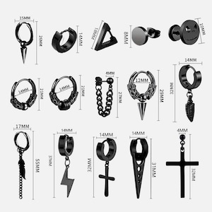 May include: A selection of black earrings in diverse styles, including hoops, studs, and drop designs. Measurements are provided in millimetres, with some earrings featuring spikes, chains, and geometric shapes. The earrings range from 0.4 cm to 5.5 cm in length.
