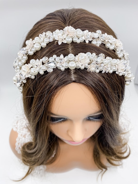 Floral Pearl Bridal Headband: Silver Plated Double Row  display picture 1
