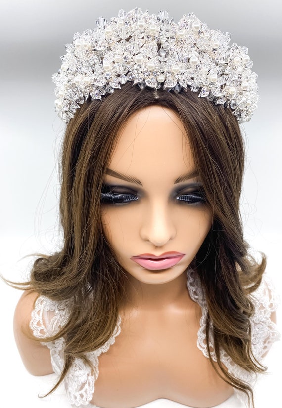 Swarovski Crystal Bridal Crown: Silver Pearl Wedding Tiara  display picture 1