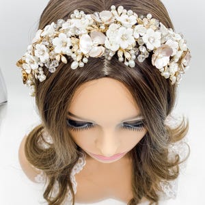 Gold Floral Bridal Headpiece | Bridal Headband | Bridal Crown | White Bridal Headpiece | Pearl Bridal Headpiece | Pearl and Floral Headband