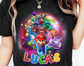 Benutzerdefinierte Super Mario Galaxy Film Geburtstag Shirt, M Bros Party Familie passende T-Shirts, personalisierte Mario Space Thema Geburtstag Jungen Shirt