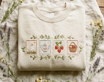 Cottagecore Gans bestickt Sweatshirt, Grandmacore Shirt, Gartenarbeit Sommer Frühling Shirt, Geschenk für Sie