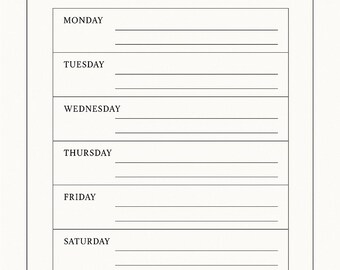 May include: A minimalist weekly planner with the words "WEEKLY PLANNER" at the top. The planner includes sections for each day of the week, with lines for notes. The design is simple, with a white background and black text.