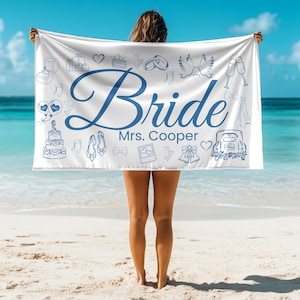 Bride Beach Towel with Name, Custom Bridal Gift, Personalized Wedding Towel, Mrs. Honeymoon Towel, Bride to Be Gift,Bachelorette Beach Towel