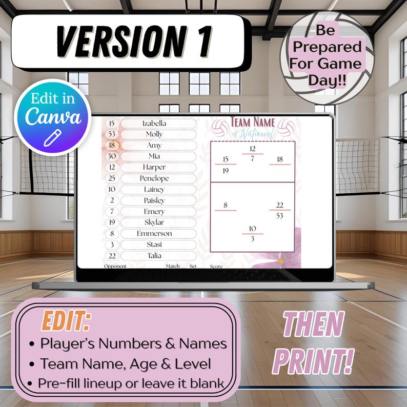 Fillable, Editable & Printable Volleyball Roster and Lineup, Game Day ...