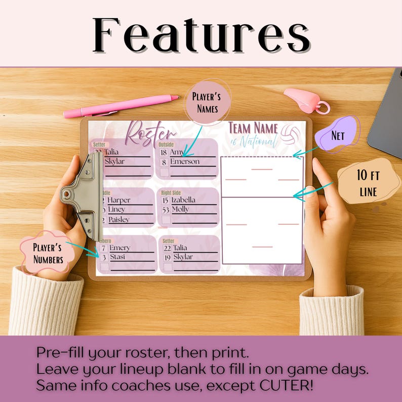 Game Roster Pen Fillable, Editable & Printable Volleyball Roster and Lineup, Game Day ...