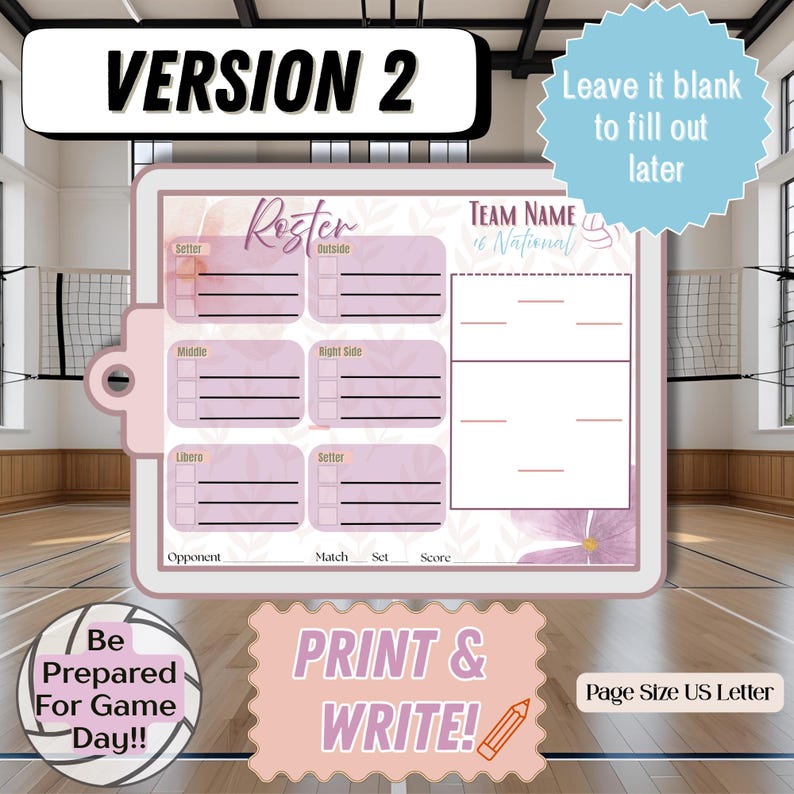 Fillable, Editable & Printable Volleyball Roster and Lineup, Game Day ...