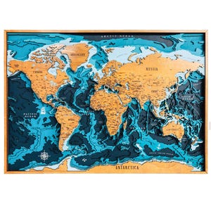 Mapa del mundo 3D de madera para pared, mapa de profundidad oceánica en capas, mapa del mundo de madera único para decoración del hogar y la oficina, regalo de viaje