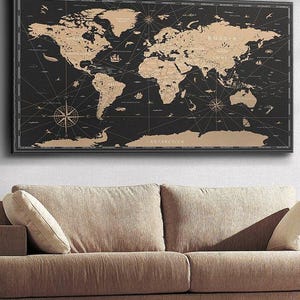 Vintage Weltkarte Wandkunst, schwarz beige Seekarte Leinwand, Retro Reise Dekor für Wohnzimmer oder Büro