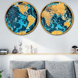 Houten 3D-wereldkaart kunst aan de muur, gelaagde oceaandieptekaart, unieke houten wereldkaart voor thuis- en kantoordecor, reiscadeau