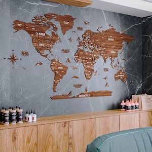 3D Wooden World Map, Wall Art, World Map, Wood World Map, Wall Decor for Home & Office, Anniversary Gift, 3D Push Pin Travel Map