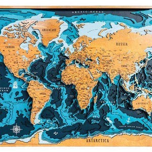 Wooden 3D World Map Wall Art, Layered Ocean Depth Map, Unique Wooden World Map for Home & Office Decor, Travel Gift