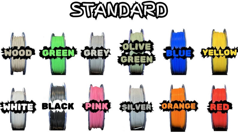 May include: A collection of spools of filament in various colors, including wood, green, grey, olive green, blue, yellow, white, black, pink, silver, orange, and red. The word "STANDARD" is at the top.