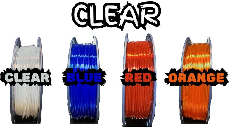 May include: Four spools of 3D printing filament in clear, blue, red, and orange. Each spool is labeled with its respective color name in a stylized font. The word "CLEAR" is written above the spools in a similar font.
