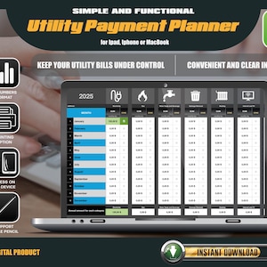 Puede incluir: Una pantalla de portátil muestra un planificador de pagos de servicios públicos para 2025, diseñado para iPad, iPhone o MacBook. Las características incluyen una interfaz conveniente, formato numérico, opción de impresión y acceso en cualquier dispositivo. El texto dice "SIMPLE AND FUNCTIONAL Utility Payment Planner".