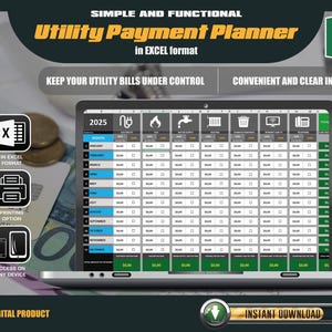 Puede incluir: Una computadora portátil muestra un planificador de pagos de servicios públicos en Excel para 2025. La interfaz es clara y organizada, con secciones para varios tipos de servicios públicos. La imagen incluye iconos para el formato Excel, impresión y acceso en cualquier dispositivo.