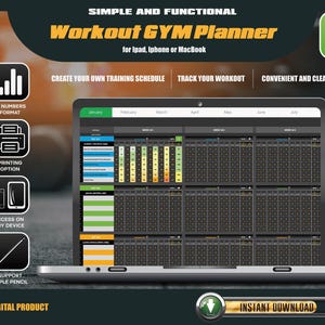 May include: A laptop displaying a digital workout planner with a calendar layout. The planner is labeled "Workout GYM Planner" and includes options for creating schedules and tracking workouts. The image also features icons for printing, device access, and Apple Pencil support.