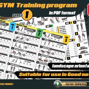 May include: A black and white gym training program in PDF format. The program is for stage 1 and includes exercises for each day of the week. The image also includes the text "Suitable for use in Good notes" and "Instant Download".