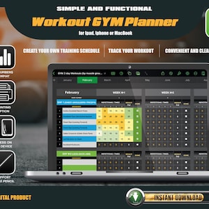 Pode incluir: Um planejador de treino digital exibido na tela de um laptop. O planejador é projetado para iPad, iPhone ou MacBook e inclui opções para criar programas de treino e acompanhar os treinos. A imagem também mostra ícones para impressão, acesso em qualquer dispositivo e suporte para Apple Pencil.