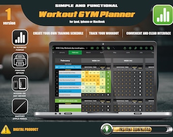 Electronic digital planner for GYM classes in numbers format for iOS, Exercise Log, Numbers Spreadsheet, Cardio Workout Schedule Planner