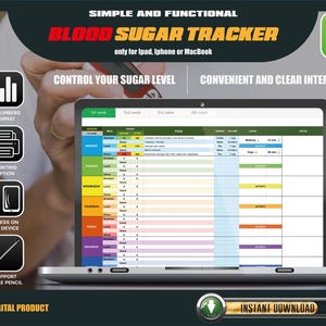 Könnte beinhalten: Ein Laptop-Bildschirm zeigt eine Blutzucker-Tracker-Oberfläche. Die Oberfläche ist für iPad, iPhone oder MacBook konzipiert. Das Design umfasst Abschnitte zur Verfolgung des Zuckerspiegels, der Ernährung, der Getränke und der Aktivität. Auf dem Bildschirm steht "Blood Sugar Tracker".