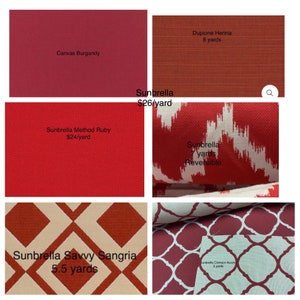 May include: A collage of fabric swatches in various colors and patterns, including red, burgundy, and white. The swatches are labeled with names and prices per yard, such as "Sunbrella Method Ruby $24/yard" and "Dupione Henna 8 yards".