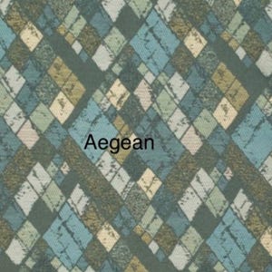 May include: A fabric swatch featuring a repeating diamond argyle pattern in shades of dark green, teal, light blue, and cream. The design has a distressed, textured appearance throughout the shapes. The word Aegean is printed in black in the center.