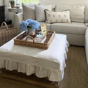 Ottoman Slipcover with Pleated Skirt with Ticking or Coastal fabric