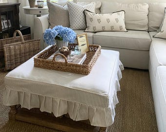 Ottoman Slipcover with Pleated Skirt including selected Ticking or Coastal fabrics