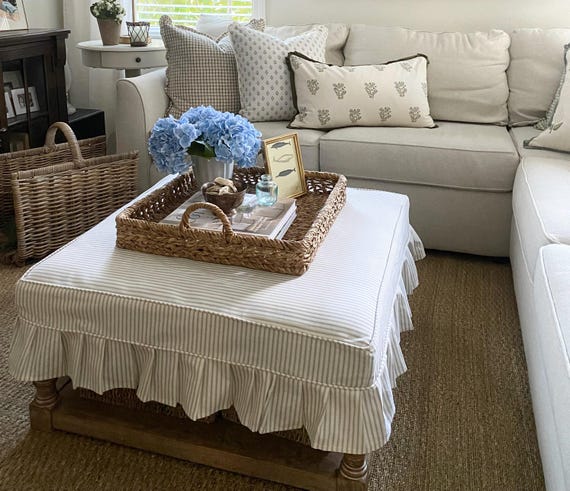 Ottoman Slipcover with Pleated Skirt including selected Ticking or Coastal fabrics