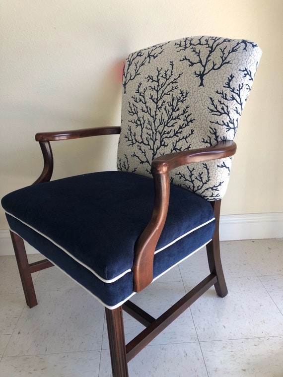 Wooden Arm Chair With Navy C And Velvet Seat