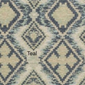 May include: A fabric swatch featuring a repeating geometric diamond pattern in shades of dark teal, light blue, and beige. The word Teal is printed in black text in the center of the image, overlaying the intricate woven textile design.