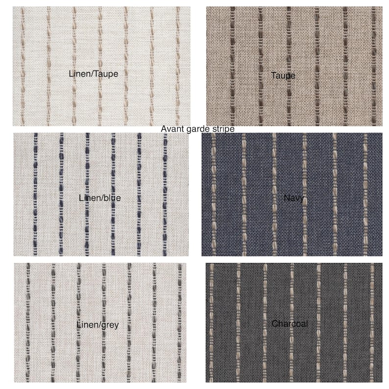 Peut inclure: &Eacute;chantillons de tissu &agrave; rayures verticales dans diverses couleurs : lin/taupe, taupe, lin/bleu, marine, lin/gris et charbon. Le texte "Avant garde stripe" est &eacute;galement visible.