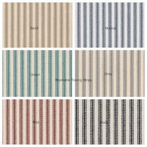Peut inclure: &Eacute;chantillons de tissu &agrave; rayures verticales lavables, dans des couleurs vari&eacute;es. Les &eacute;chantillons comprennent du sable, marine, vert, gris, rouge et noir. Chaque tissu est &eacute;tiquet&eacute; avec son nom de couleur.