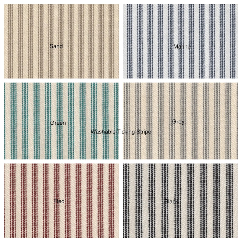 Peut inclure: &Eacute;chantillons de tissu &agrave; rayures verticales lavables, dans des couleurs vari&eacute;es. Les &eacute;chantillons comprennent du sable, marine, vert, gris, rouge et noir. Chaque tissu est &eacute;tiquet&eacute; avec son nom de couleur.