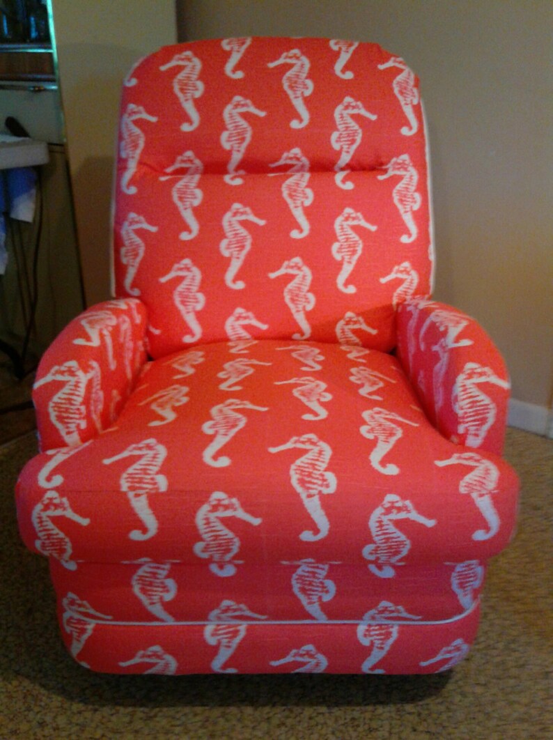 Upholstered Reclining Chair In Coral With White Seahorse Motif Etsy