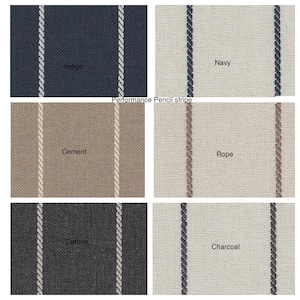 Peut inclure: Gros plan sur six &eacute;chantillons de tissu &agrave; rayures verticales. Les couleurs sont indigo, marine, ciment, corde, carbone et charbon de bois. Le texte "Performance Pencil stripe" est au-dessus des &eacute;chantillons.