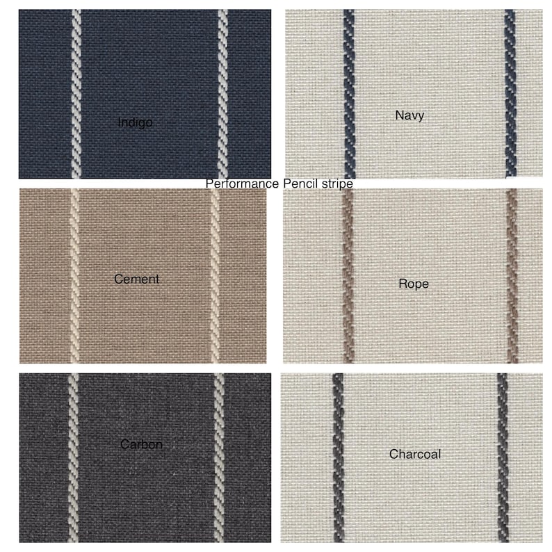 Peut inclure: Gros plan sur six &eacute;chantillons de tissu &agrave; rayures verticales. Les couleurs sont indigo, marine, ciment, corde, carbone et charbon de bois. Le texte "Performance Pencil stripe" est au-dessus des &eacute;chantillons.