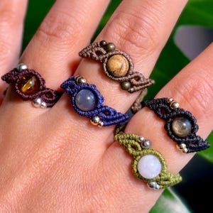 Botanical - Handmade Macrame Rings with Natural Gemstones – Adjustable Boho Jewelry