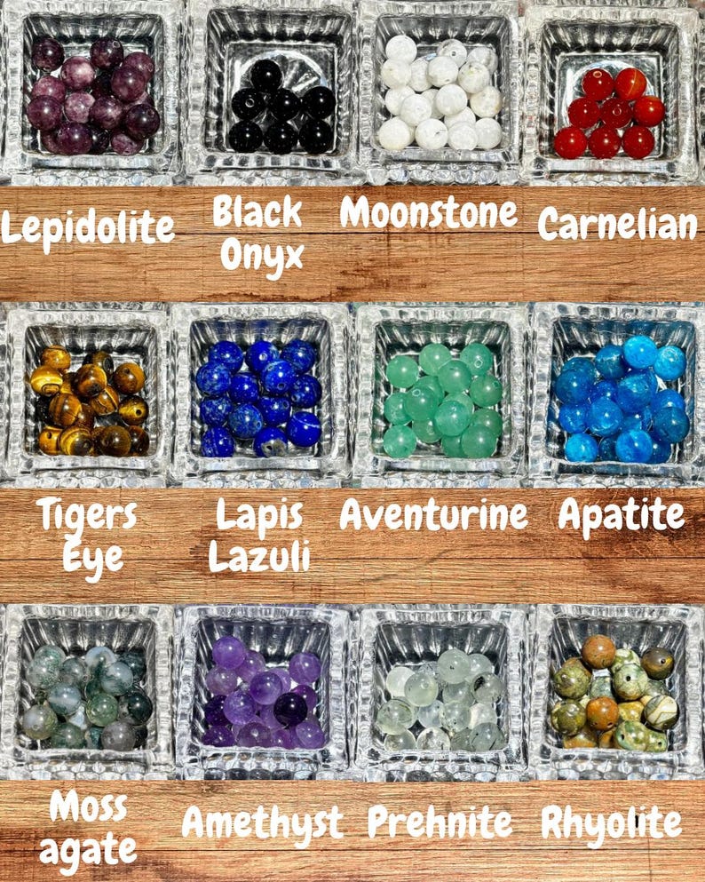Op de afbeelding: Een verzameling gepolijste edelsteen kralen in kleine glazen bakjes. De afbeelding toont Lepidoliet, Zwarte Onyx, Maansteen, Carneool, Tijgeroog, Lapis Lazuli, Aventurijn, Apatiet, Mosagaat, Amethist, Prehniet en Ryoliet. De namen van de stenen staan onder elke bak.