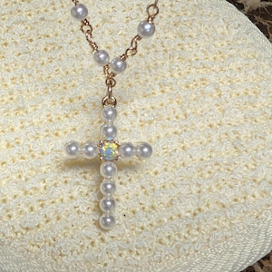 Gold Pearl Cross Gemstone Pendant Pearl Lined Chain Necklace